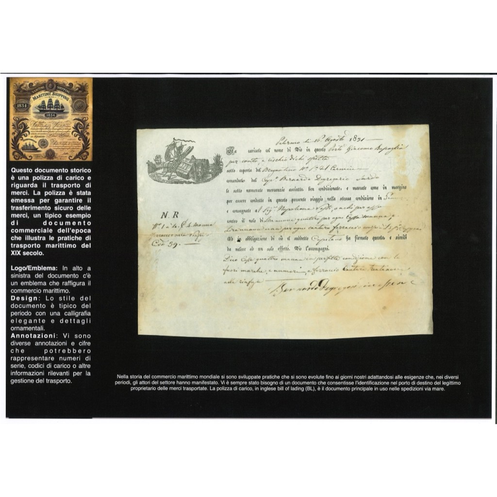 1831 - POLIZZA DI CARICO DA PALERMO A GENOVA
