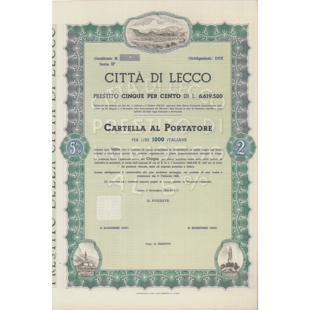 CITTA' DI LECCO - CARTELLA DA 1000 LIRE - 1936