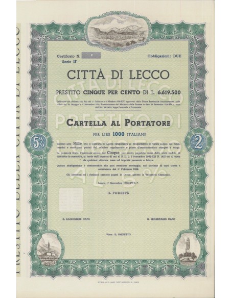 CITTA' DI LECCO - CARTELLA DA 1000 LIRE - 1936