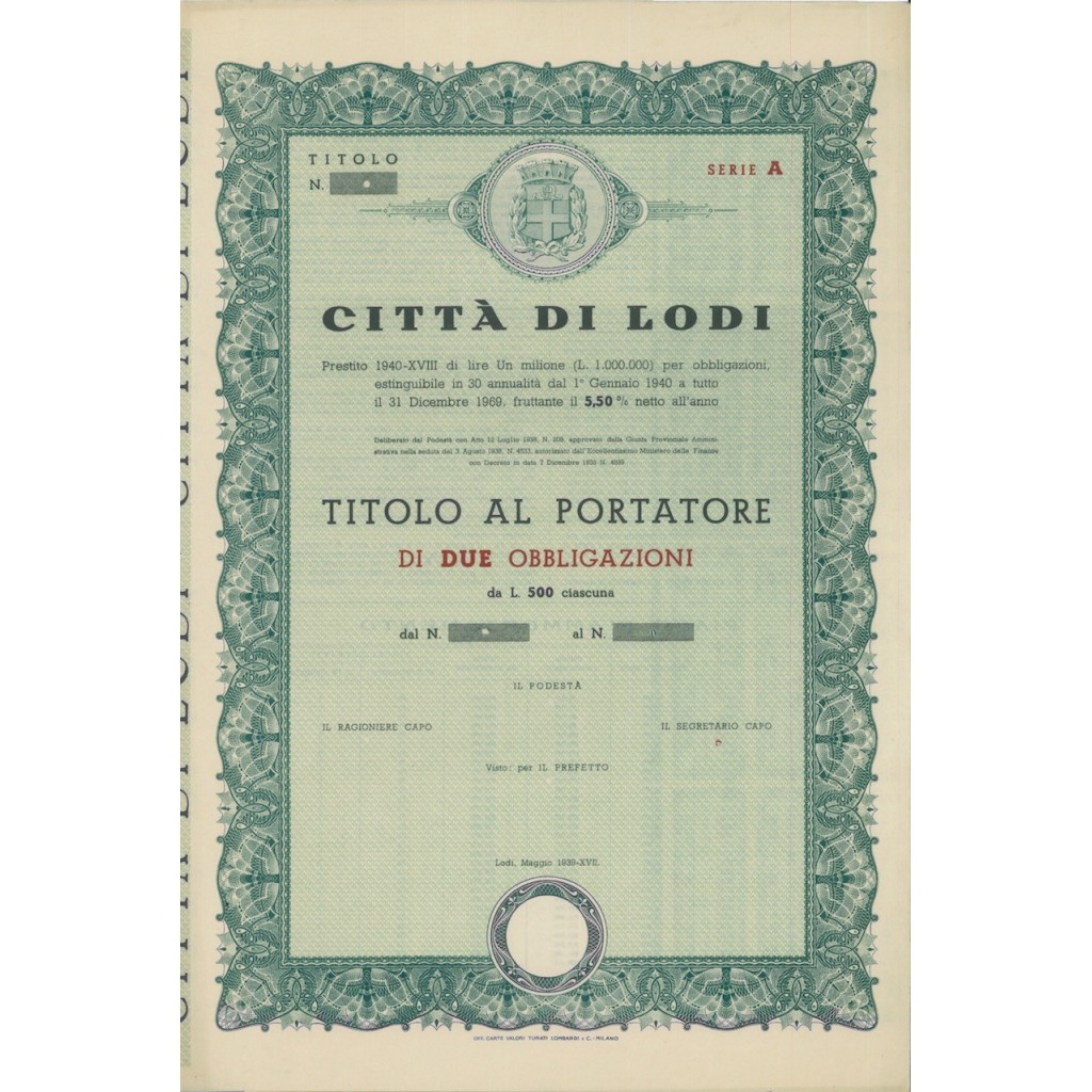 CITTA' DI LODI - DUE OBBLIGAZIONI 1939
