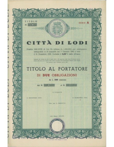CITTA' DI LODI - DUE OBBLIGAZIONI 1939