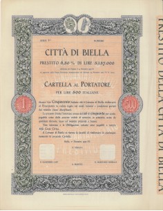 CITTA' DI BIELLA - CARTELLA AL PORTATORE LIRE 500 - 1927