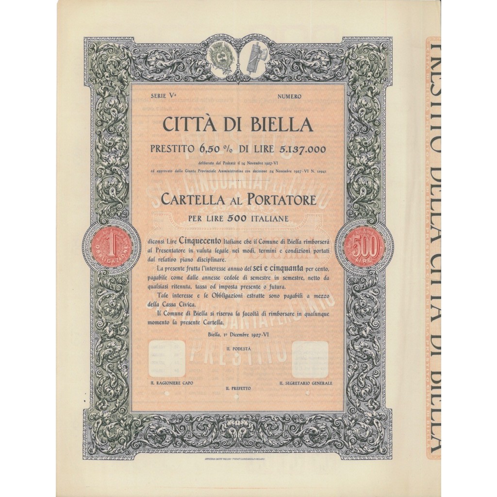 CITTA' DI BIELLA - CARTELLA AL PORTATORE LIRE 500 - 1927
