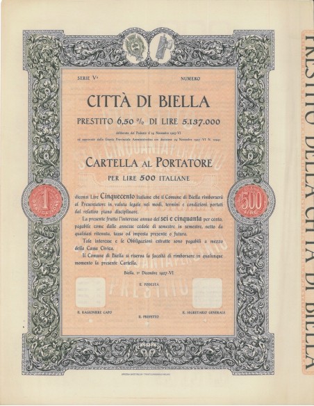 CITTA' DI BIELLA - CARTELLA AL PORTATORE LIRE 500 - 1927