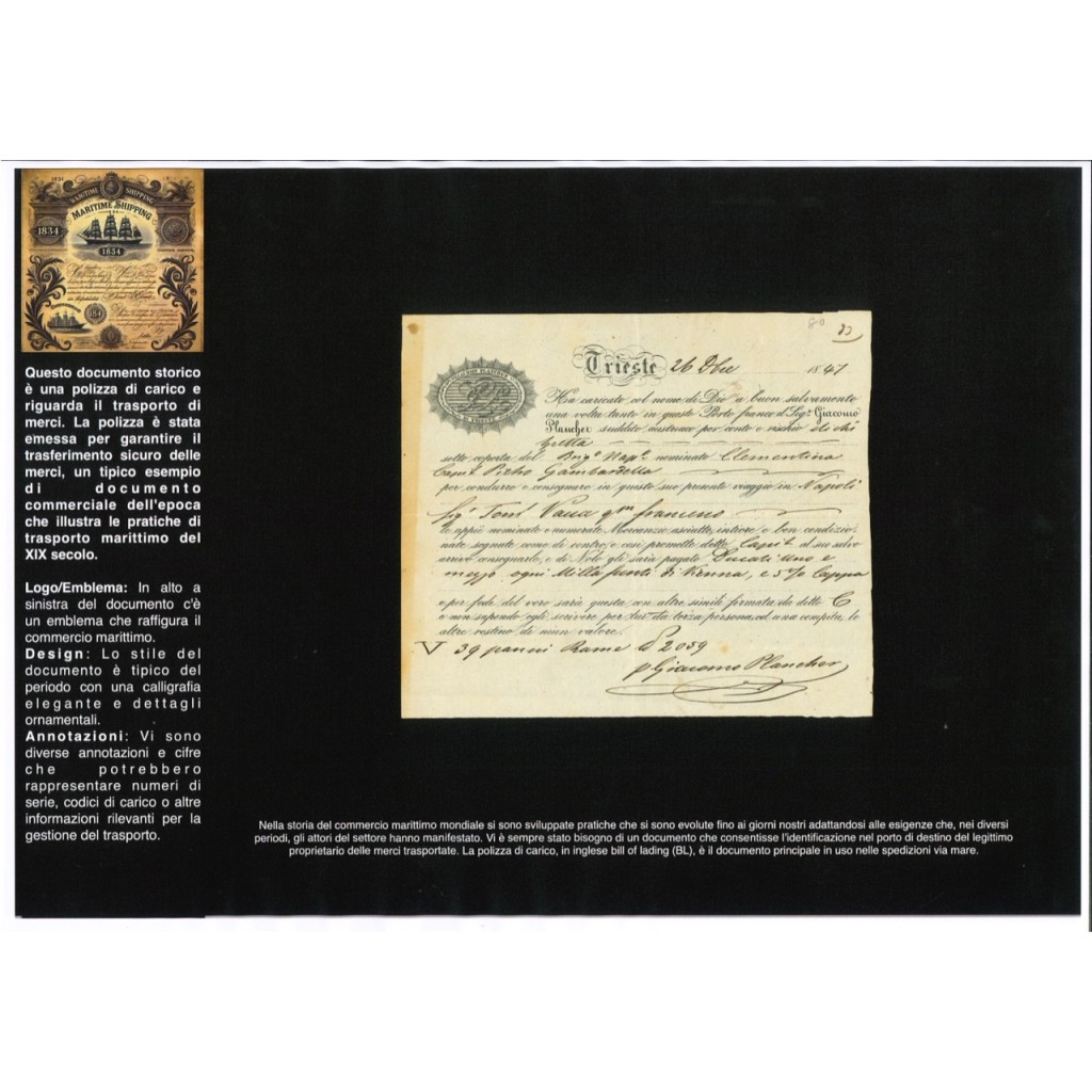 1847 - POLIZZA DI CARICO DA TRIESTE A NAPOLI