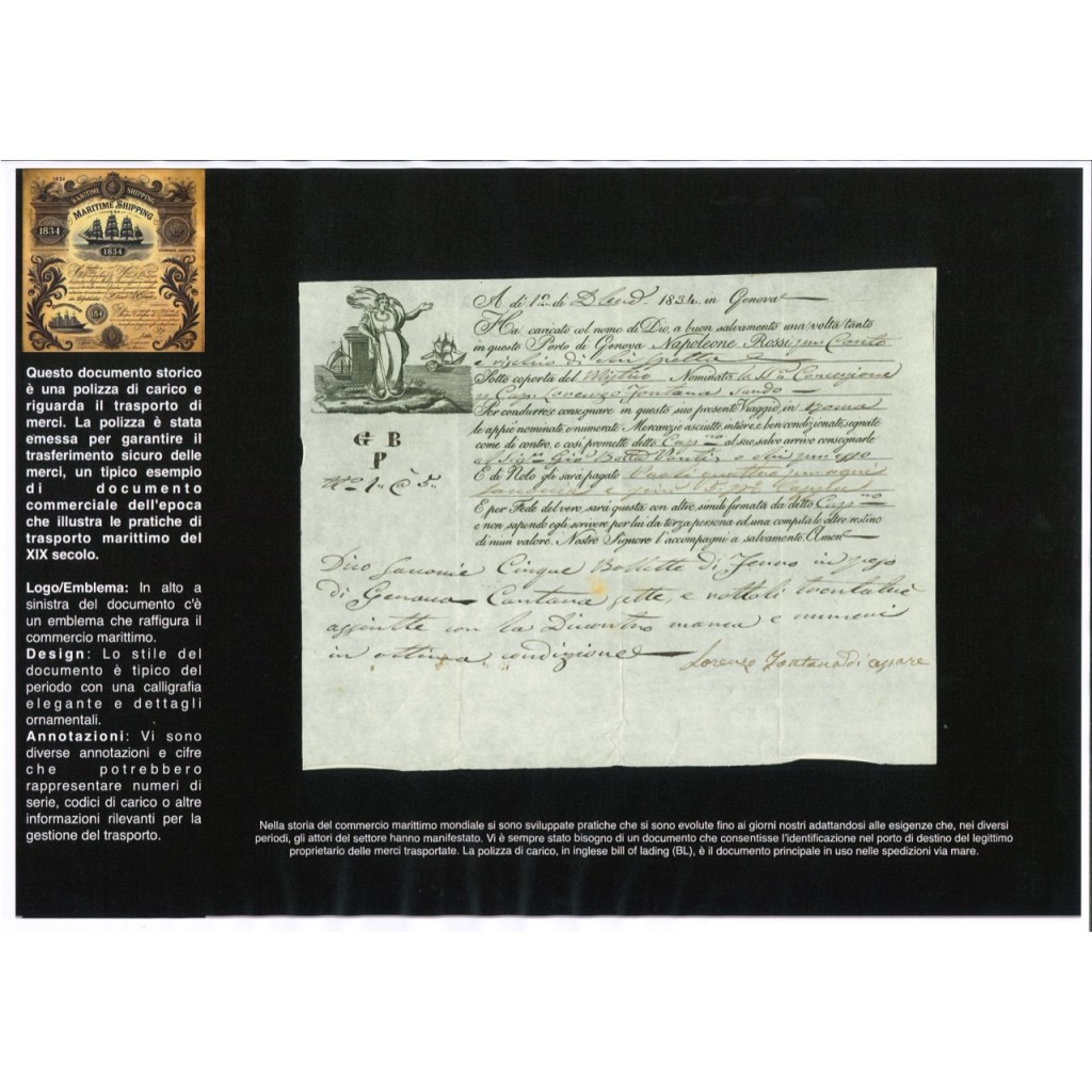 1834 - POLIZZA DI CARICO DA GENOVA A ROMA
