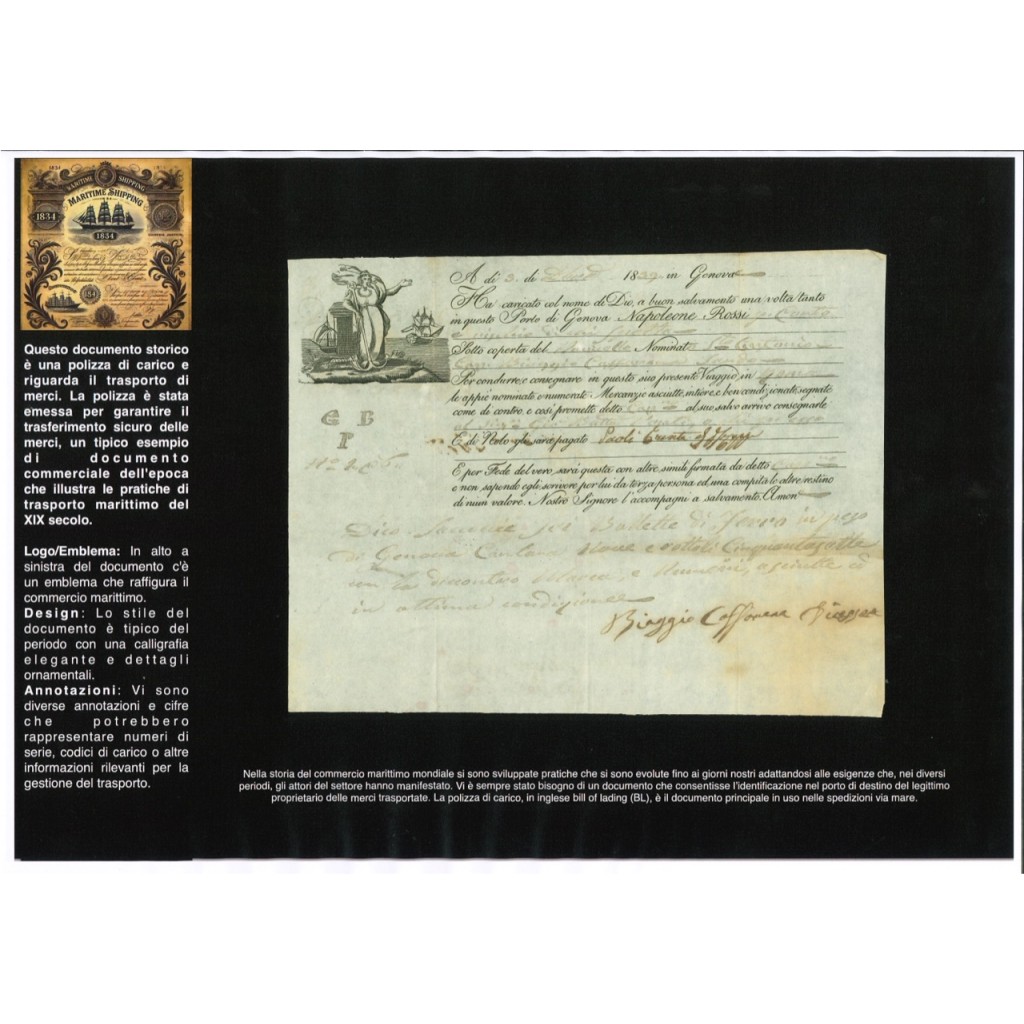 1839 - POLIZZA DI CARICO DA GENOVA A ROMA