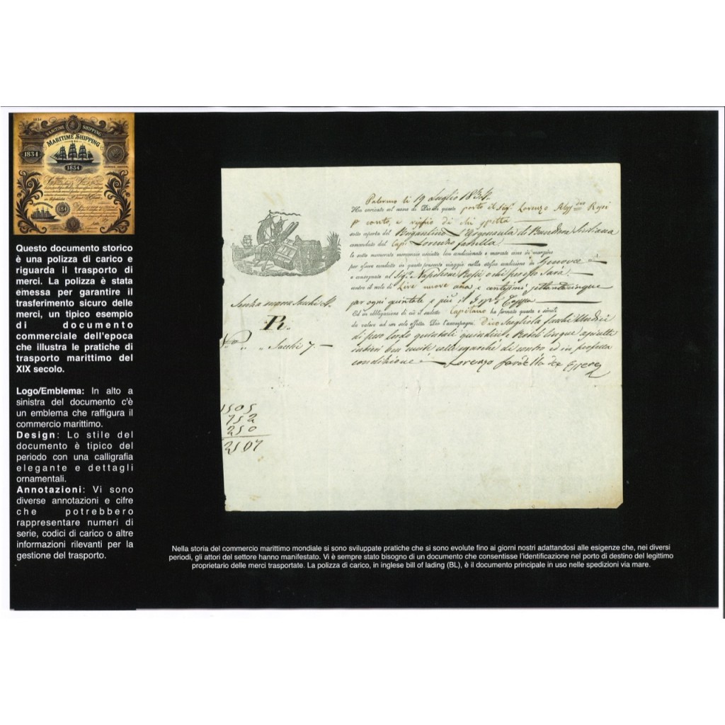 1834 - POLIZZA DI CARICO DA PALERMO A GENOVA