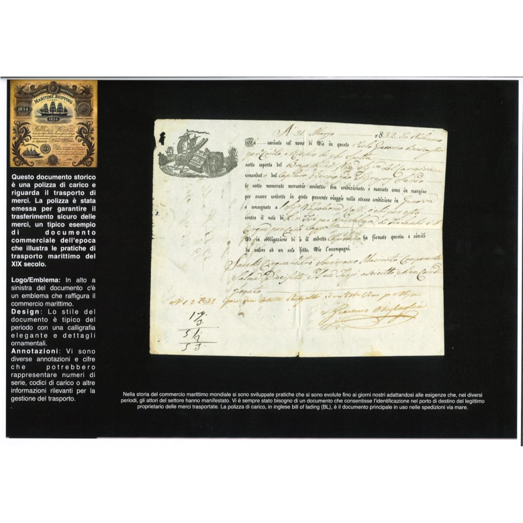 1832 - POLIZZA DI CARICO DA PALERMO A GENOVA