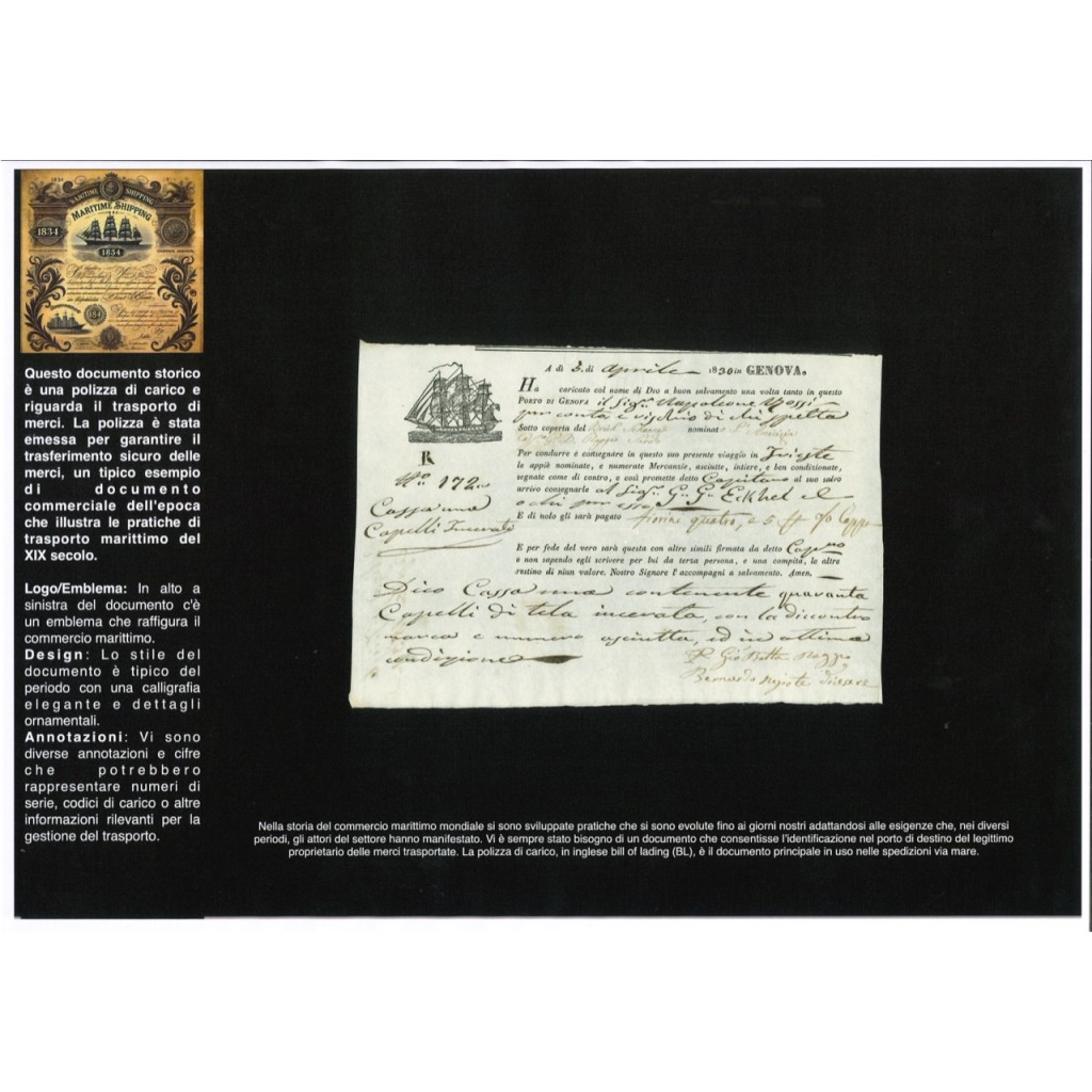 1830 - POLIZZA DI CARICO DA GENOVA A TRIESTE