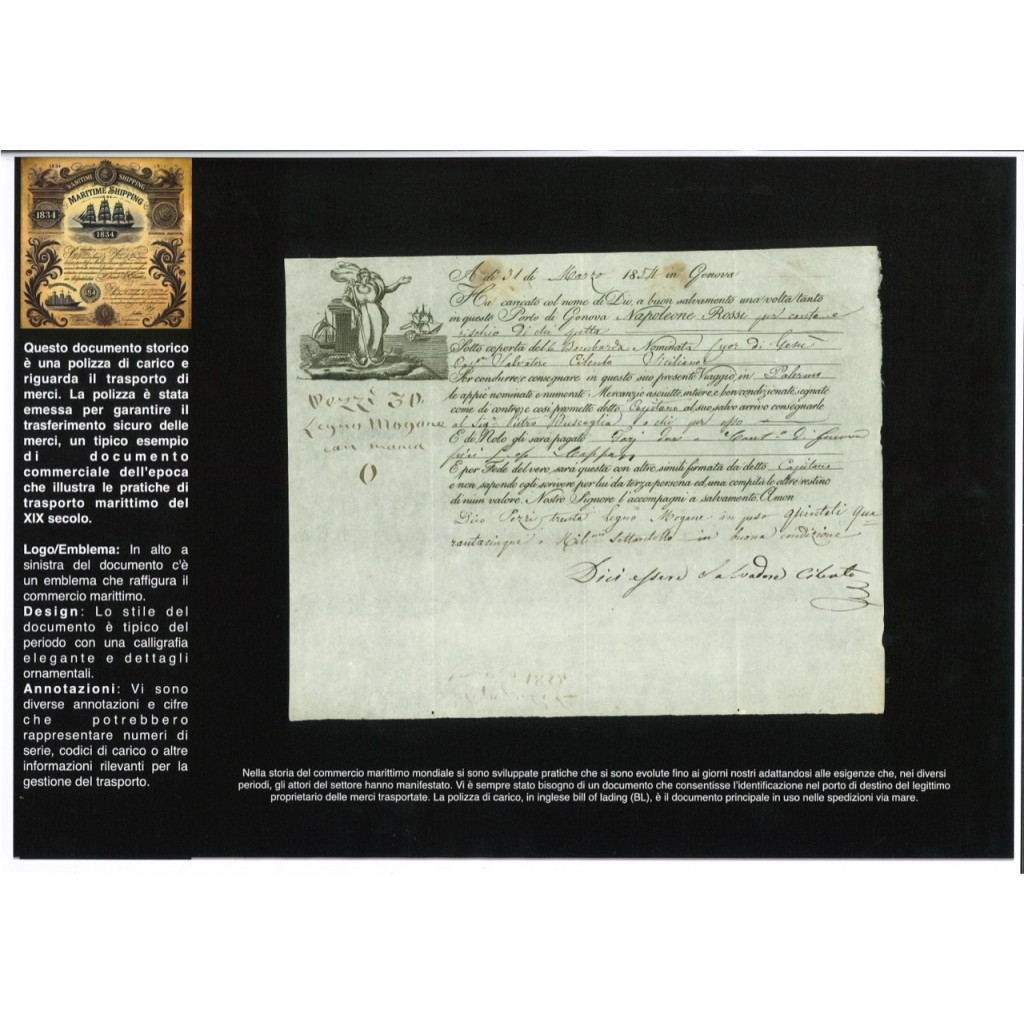 1854 - POLIZZA DI CARICO DA GENOVA A PALERMO