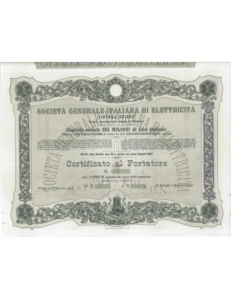 SOC. GEN. ITALIANA DI ELETTRICITA' SISTEMA EDISON - 5 AZIONI MILANO 1889