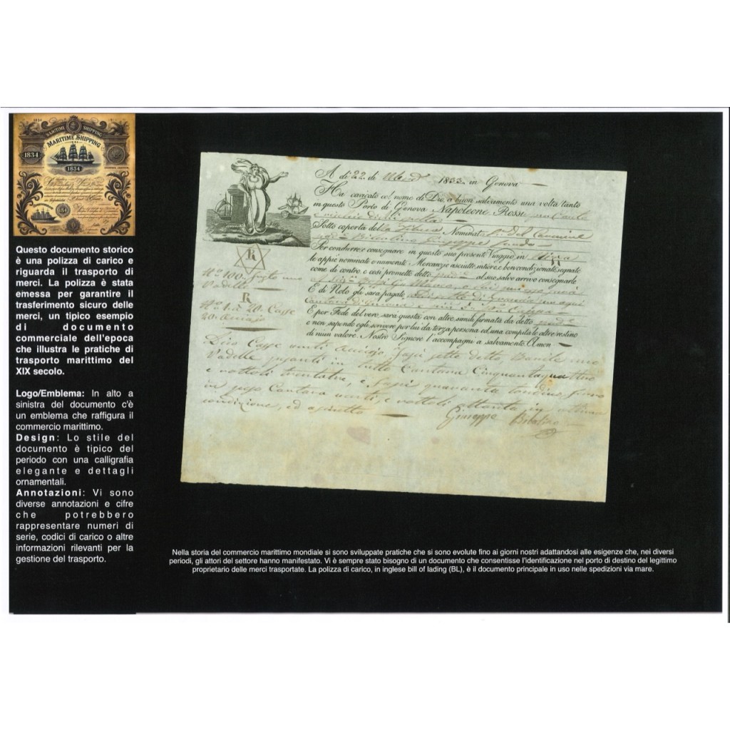 1833 - POLIZZA DI CARICO DA GENOVA A NIZZA