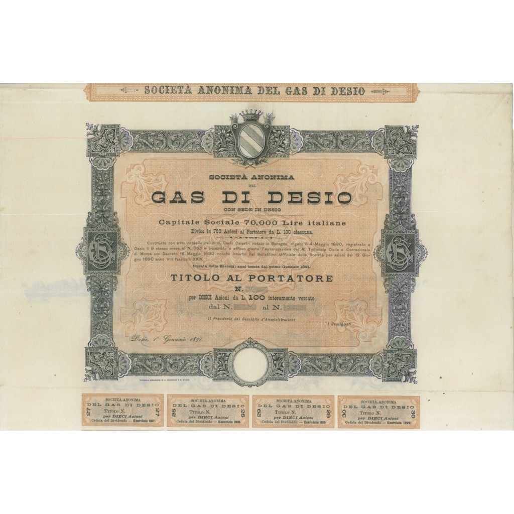 SOC. ANON. DEL GAS DI DESIO - 10 AZIONI - DESIO 1891