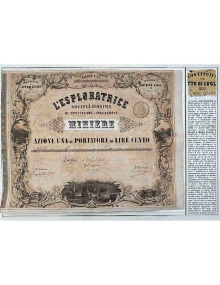1898 - L'ESPLORATRICE (Miniere C. Benso conte di Cavour) S.A. DI ESPLORAZIONE E COLTIVAZIONE DI MINIERE - 1 AZIONE TORINO