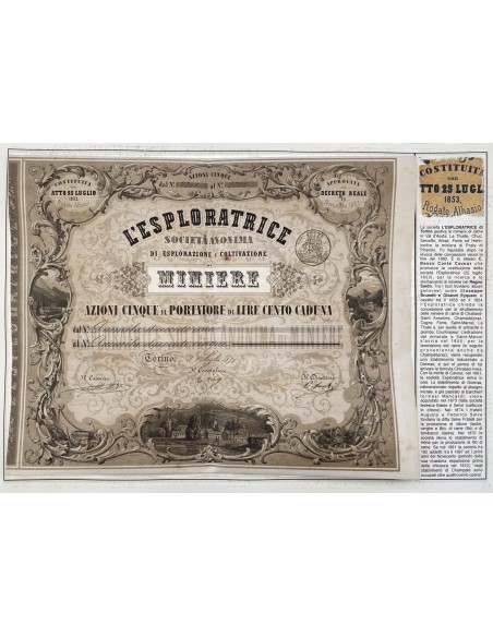 1898 - L'ESPLORATRICE (Miniere C. Benso Conte di Cavour) S.A. DI ESPLORAZIONE E COLTIVAZIONE DI MINIERE - 5 AZIONI TORINO