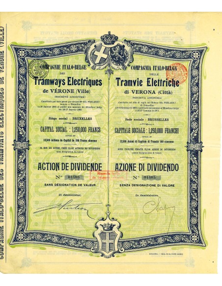 1905 - TRAMVIE ELETTRICHE DI VERONA COMPAGNIA ITALO BELGA + COA SCRIPOPASS