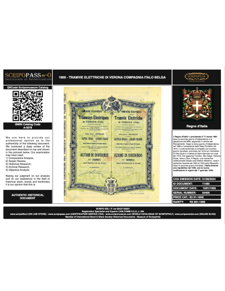 1905 - TRAMVIE ELETTRICHE DI VERONA COMPAGNIA ITALO BELGA + COA SCRIPOPASS
