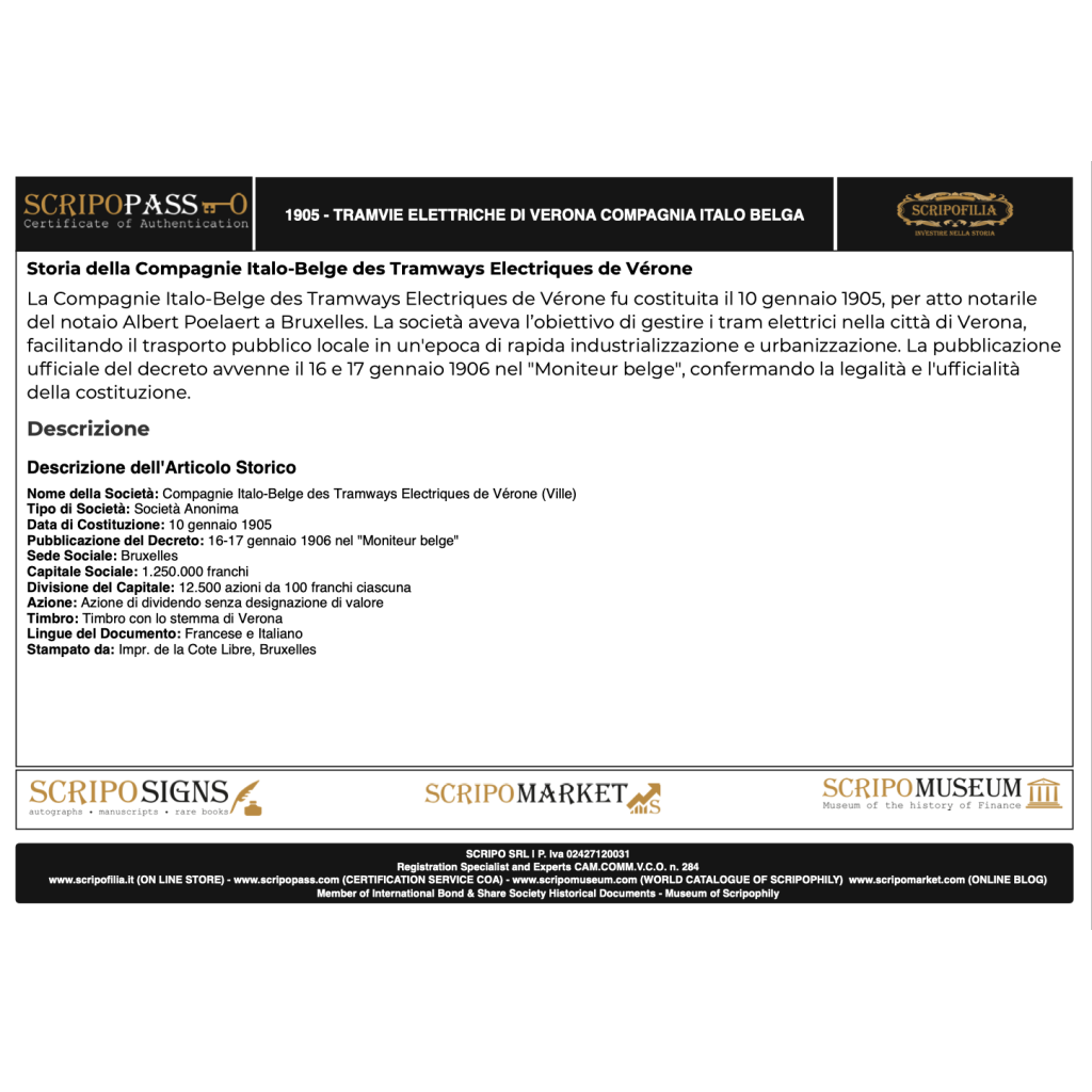 1905 - TRAMVIE ELETTRICHE DI VERONA COMPAGNIA...