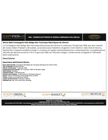 1905 - TRAMVIE ELETTRICHE DI VERONA COMPAGNIA ITALO BELGA + COA SCRIPOPASS