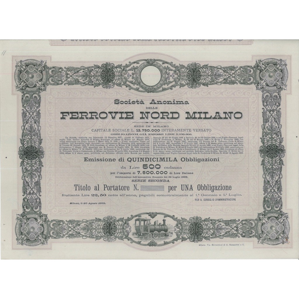 SOC. ANON. FERROVIE NORD MILANO - 1 OBBLIG.- MILANO 1888