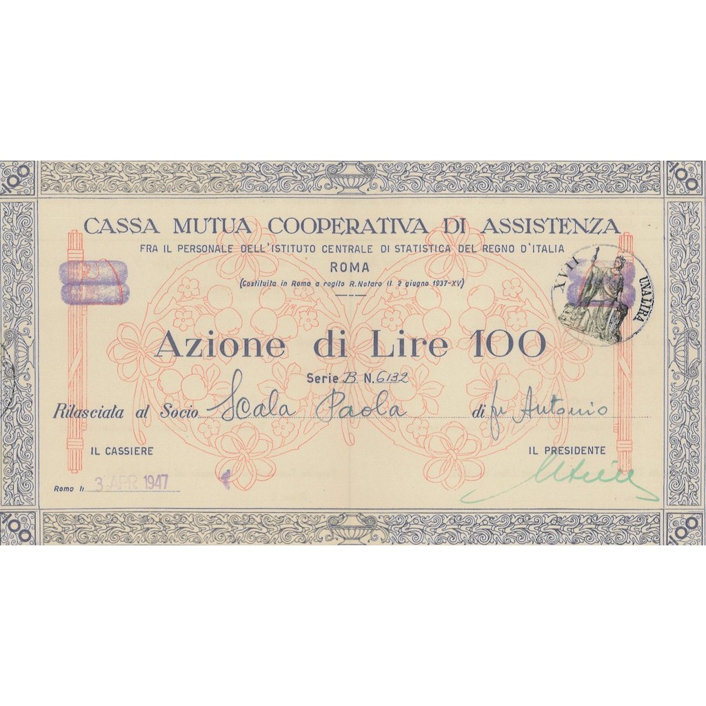 CASSA MUTUA COOP. DI ASSISTENZA UNA AZIONE ROMA 1947