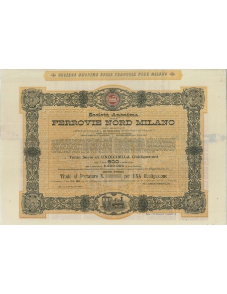 SOC. ANON. FERROVIE NORD MILANO - 1 OBBLIG.- MILANO 1890