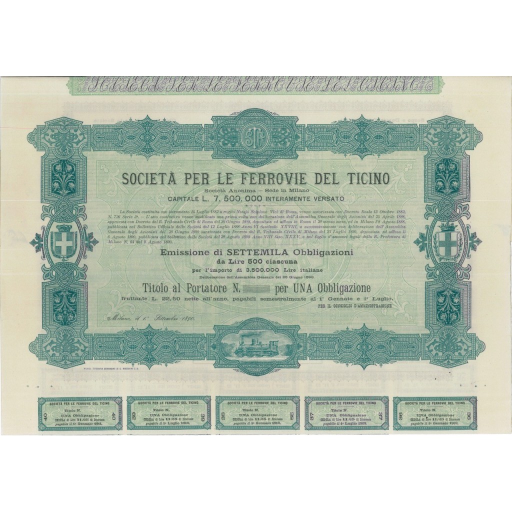 SOC. PER LE FERROVIE DEL TICINO - 1 OBBLIGAZ. MILANO 1890