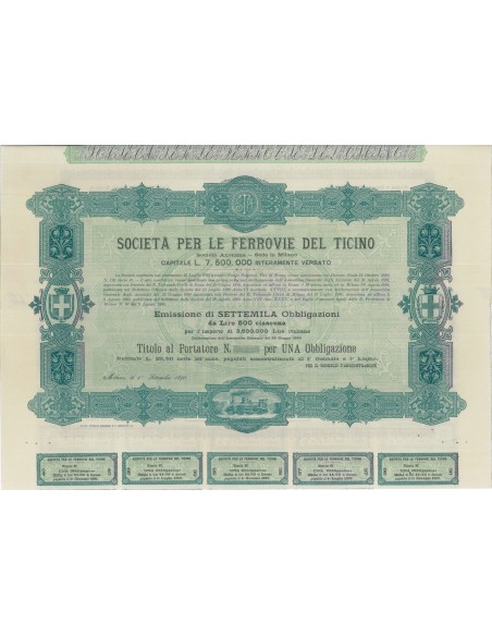 SOC. PER LE FERROVIE DEL TICINO - 1 OBBLIGAZ. MILANO 1890