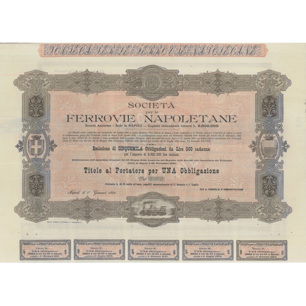 SOC. PER LE FERROVIE NAPOLETANE - 1 OBBLIGAZ. NAPOLI 1891