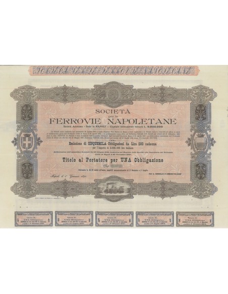 SOC. PER LE FERROVIE NAPOLETANE - 1 OBBLIGAZ. NAPOLI 1891