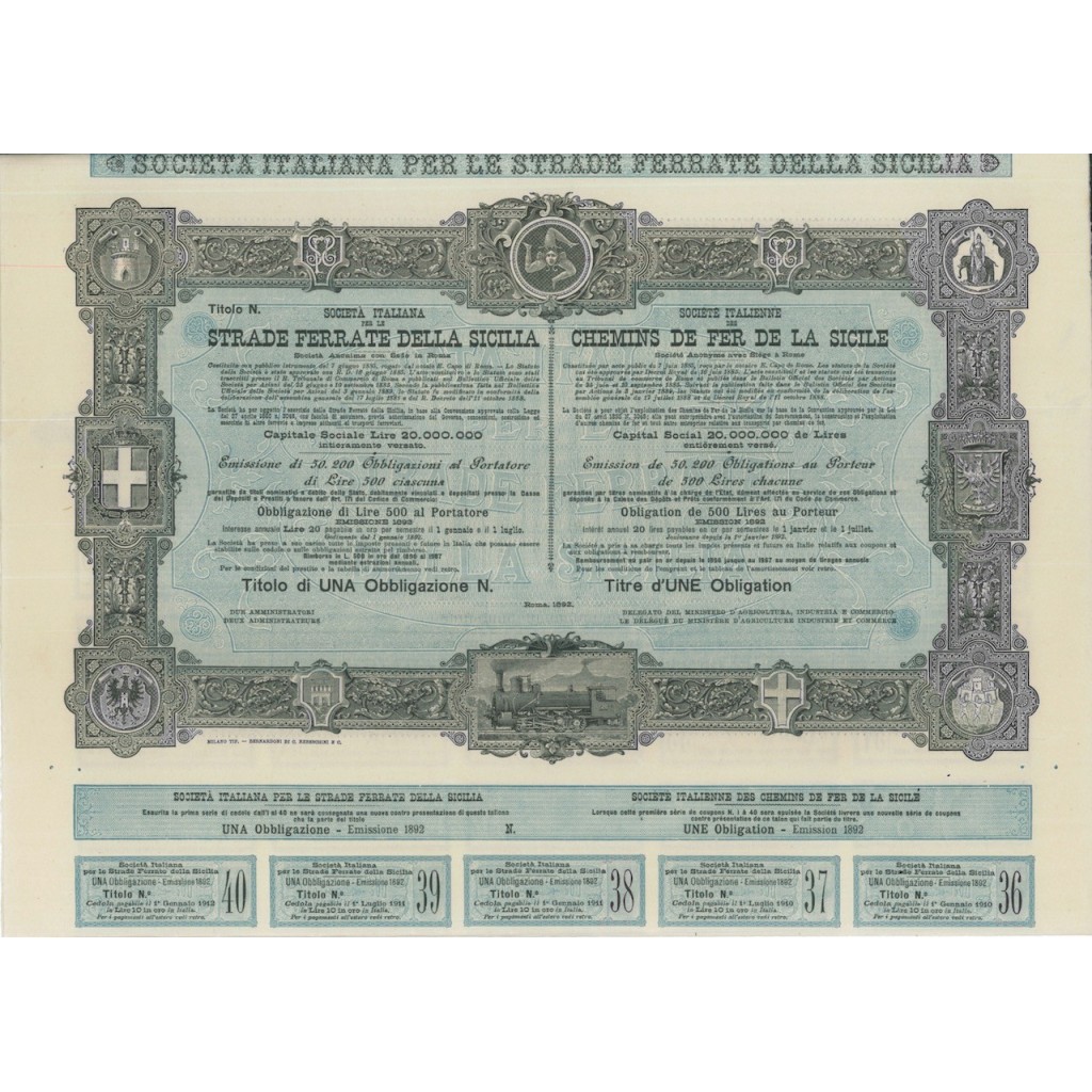 SOC. ITAL. STRADE FERRATE DELLA SICILIA - 1 OBBLIG. - ROMA 1892