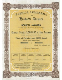 FABBRICA LOMBARDA DI PRODOTTI CHIMICI - 10 AZIONI MILANO 1874