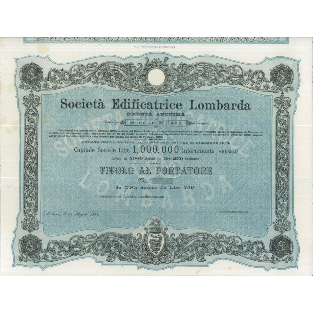 SOC. EDIFICATRICE LOMBARDA - 1 AZIONE MILANO 1888