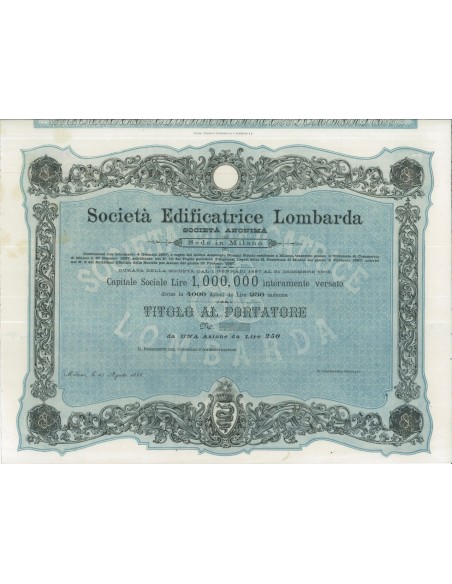 SOC. EDIFICATRICE LOMBARDA - 1 AZIONE MILANO 1888