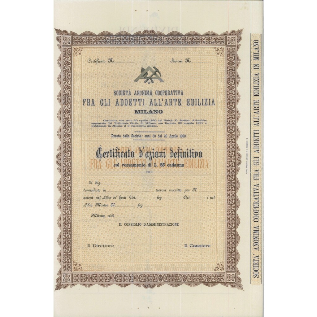 SOC. ANON.COOP. FRA GLI ADDETTI DELL'ARTE EDILIZIA - AZIONI MILANO 1890