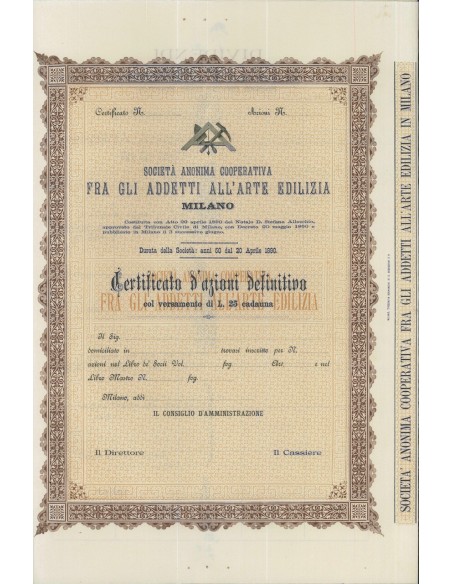SOC. ANON.COOP. FRA GLI ADDETTI DELL'ARTE EDILIZIA - AZIONI MILANO 1890