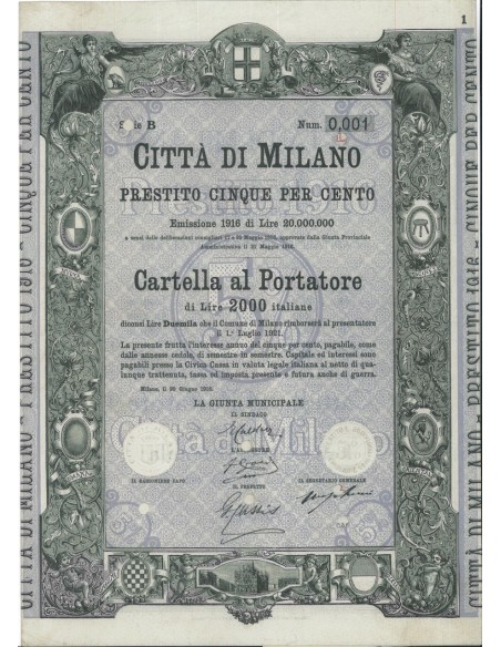 CITTA' DI MILANO - CARTELLA AL PORTATORE 2000 LIRE - 1916
