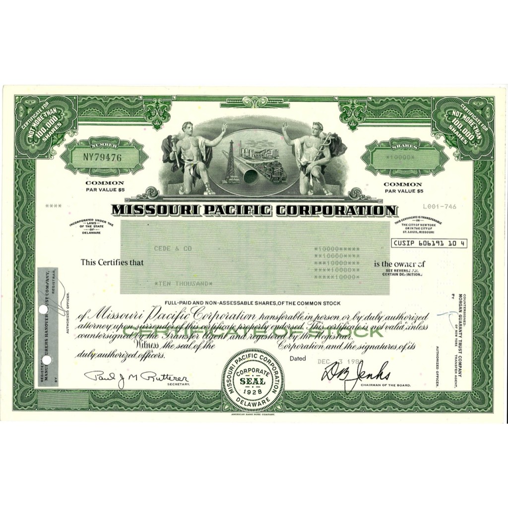 1980 - MISSOURI PACIFIC CORPORATION 10.000 AZIONI