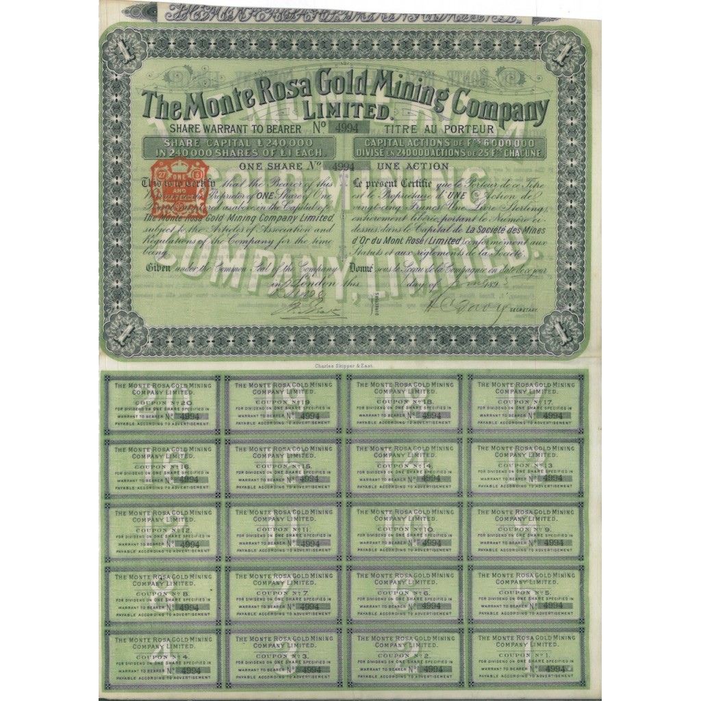 THE MONTE ROSA GOLD MINING COMPANY - 1 AZIONE LONDRA 1895