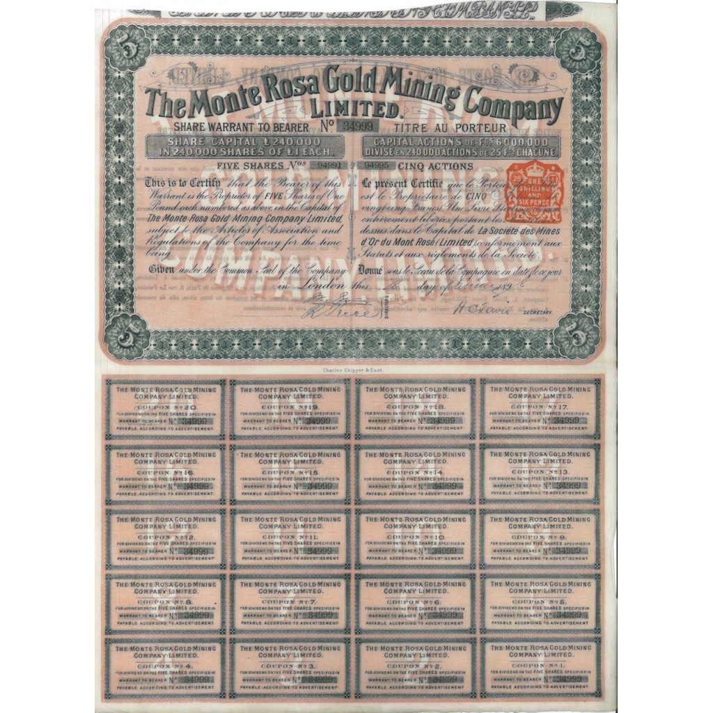 THE MONTE ROSA GOLD MINING COMPANY - 5 AZIONI LONDRA 1898