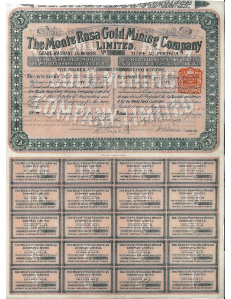THE MONTE ROSA GOLD MINING COMPANY - 5 AZIONI LONDRA 1898