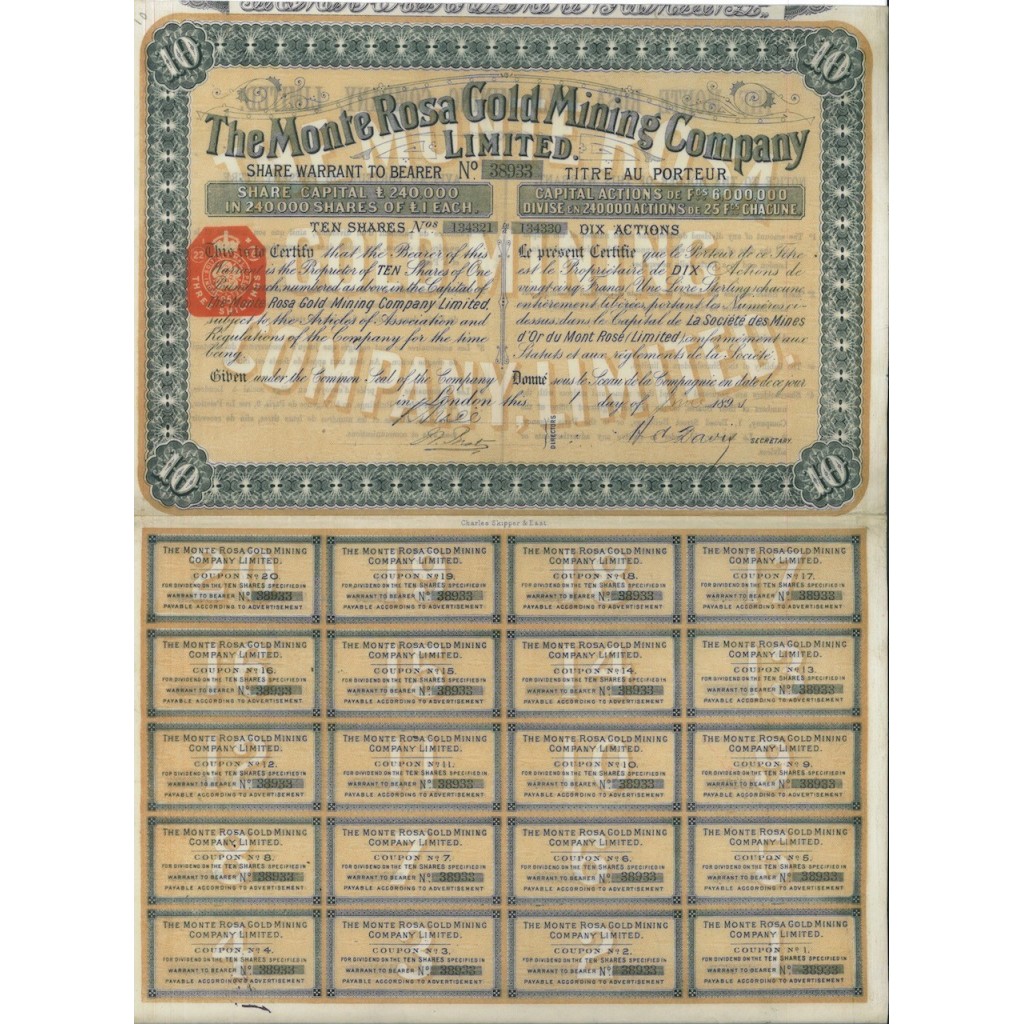 THE MONTE ROSA GOLD MINING COMPANY - 10 AZIONI LONDRA 1891