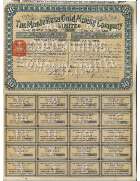 THE MONTE ROSA GOLD MINING COMPANY - 10 AZIONI LONDRA 1891