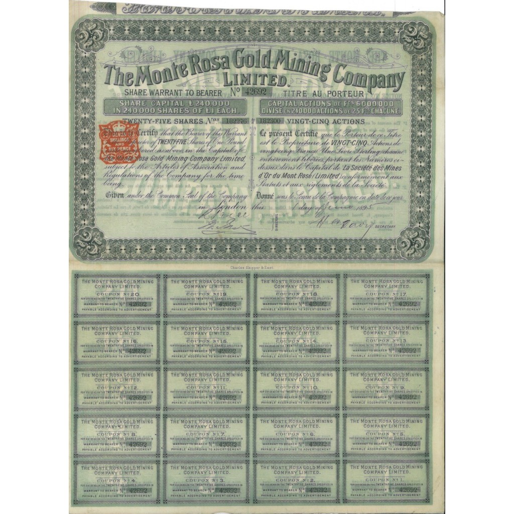 THE MONTE ROSA GOLD MINING COMPANY - 25 AZIONI LONDRA 1895