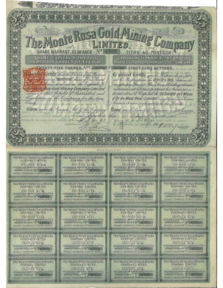 THE MONTE ROSA GOLD MINING COMPANY - 25 AZIONI LONDRA 1895