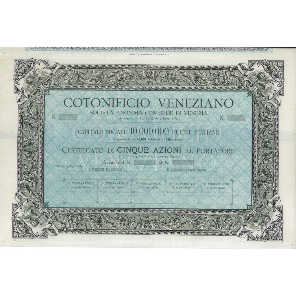 COTONIFICIO VENEZIANO - 5 AZIONI VENEZIA 1883