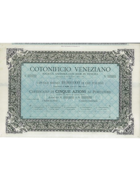 COTONIFICIO VENEZIANO - 5 AZIONI VENEZIA 1883