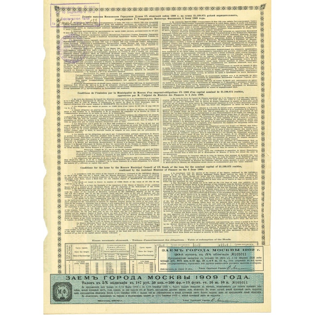 1909 - EMPRUNT DE LA VILLE DE MOSCOU DE 1909