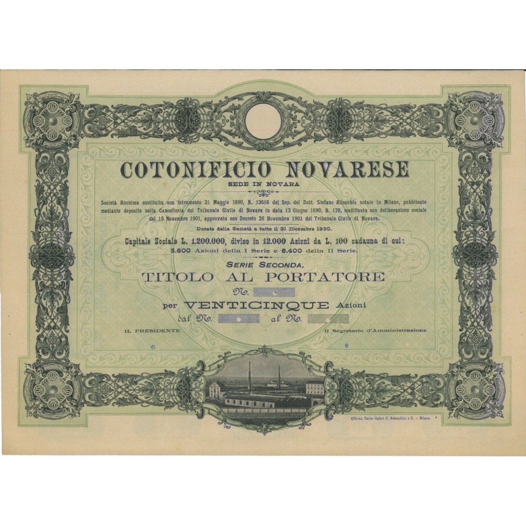 COTONIFICIO NOVARESE - 25 AZIONI NOVARA 1890